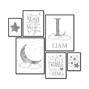 Watercolor Stars and Moon Nursery Decor Set of 6, Gray Nursery Decor, Stars and Moon Nursery Prints, Neutral Nursery Decor, Bedroom Art.