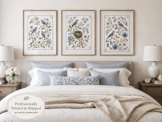 Blue Bird Wall Art Set of 3, Vintage Botanical Floral Prints, French Country Decor, Grandmillennial Wall Art, Cottagecore Gallery Wall
