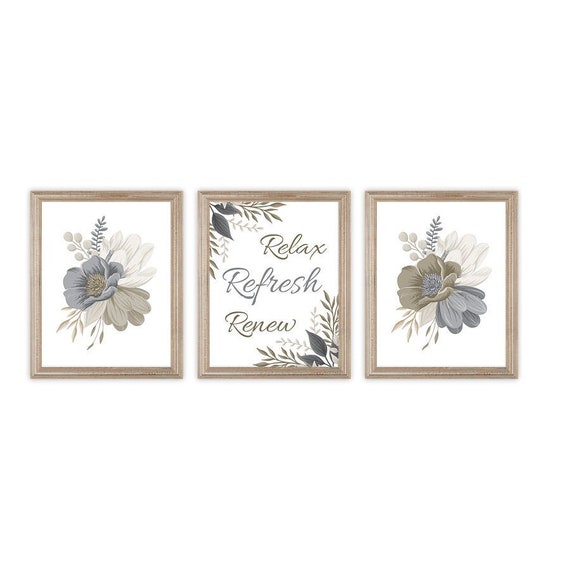 Bathroom Wall Art. Relax Refresh Renew. Bathroom Art. Bathroom Prints. Flower Art. Flower Prints. Neutral Bathroom Decor. Beige Tan Gray