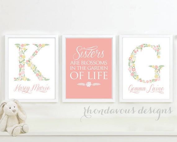 Twin Girls Nursery Art Print - Twin Nursery Art - Twin Nursery Decor - Sister Art - Flower Nursery Art - Flower Nursery Decor  (NS-699)