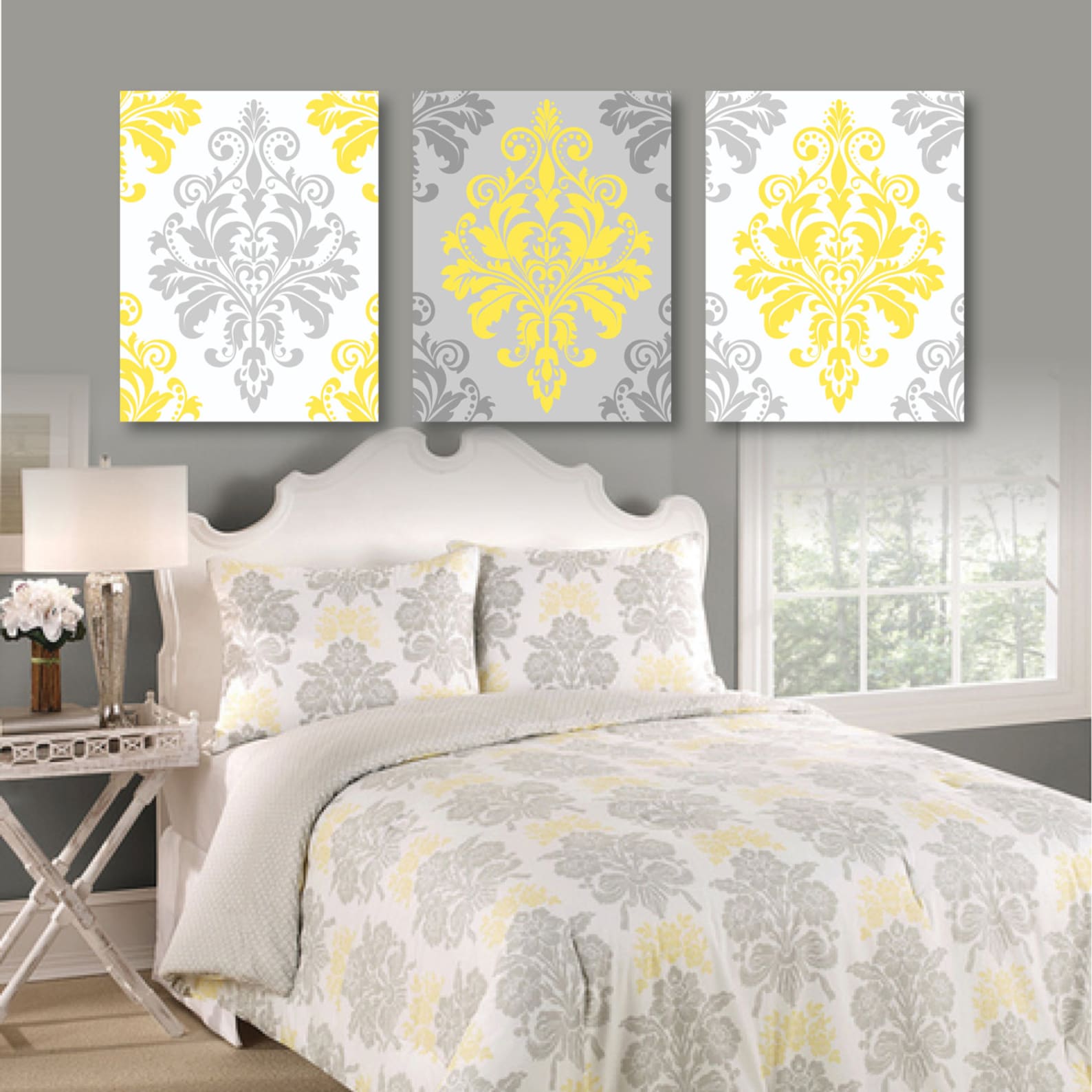 Gray and Yellow Damask Flower Print Trio Home Flourish Swirl Etsy
