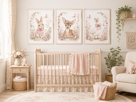 Cottagecore Nursery Wall Art Set of 3, Bunny Fawn Goose Prints, Pink Floral Woodland Baby Girl Room Decor, Watercolor Animals