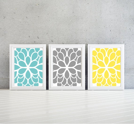 Teal Blue Yellow Gray Dahlia Flower Print Trio. Flower Bath Art. Wall Art Bedroom Nursery Bathroom. Bathroom Art. Bath Art. Bath Decor. N356