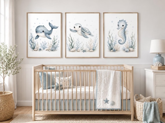 Coastal Nursery Wall Art Set of 3, Whale Turtle Seahorse Prints, Ocean Baby Room Decor, Blue Beach Nursery, Watercolor Sea Animals