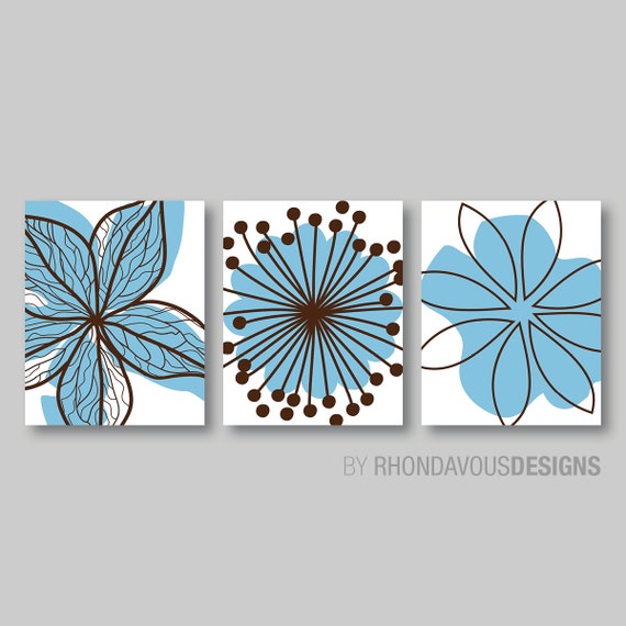 Chocolate Brown Blue Flower Print Trio - Home Petals Bloom Wall Art Bedroom Nursery Bathroom Bath Dining -You Pick the Size  (NS-363)