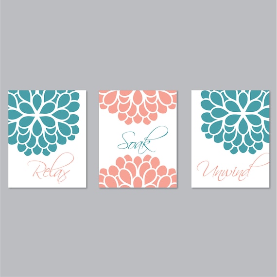 Bathroom Print Art - Relax Soak Unwind - Flower Bathroom - Bathroom Decor. - Shown in Turquoise Coral - You Pick the Size & Colors (NS-501)