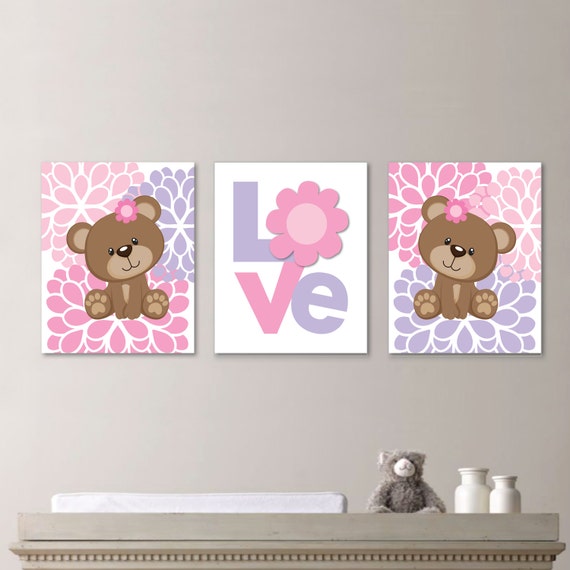 Baby Girl Nursery Art - Girl Nursery Decor - Girl Nursery Print - Baby Bear Nursery Art - Bear Art - Teddy Bear Print - Pink (NS-651)