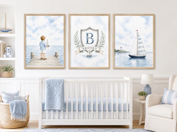 Personalized Nautical Nursery Wall Art Set of 3 | Sailboat Prints | Coastal Baby Boy Decor