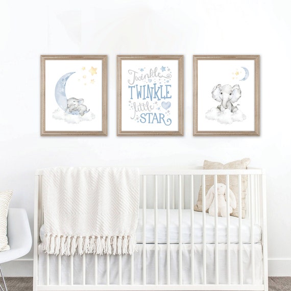 Blue Nursery Prints, Boy Baby Room Decor, Elephant Nursery Prints, Nursery Decor Boy, Nursery Art, Clouds and Stars Prints, Elephant Art