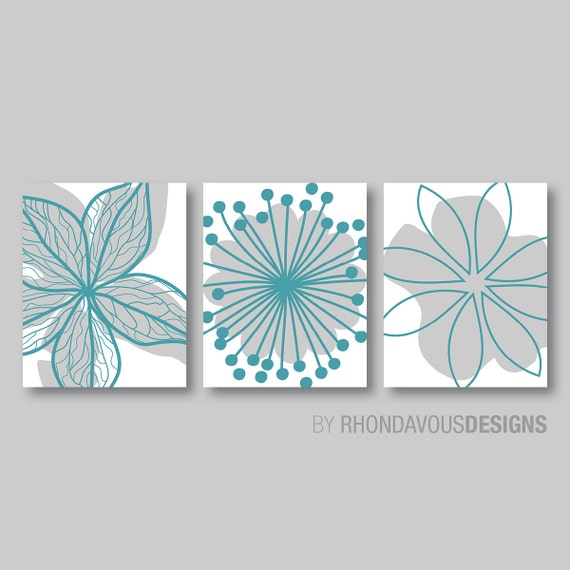 Turquoise Blue Gray Flower Print Trio - Home Petals Bloom Wall Art Bedroom Nursery Bathroom Bath Dining -You Pick the Size & Colors (NS-358)