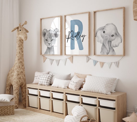 Safari Animal Nursery Prints Set of 3, Personalized Name Art, Safari Nursery Decor, Watercolor Jungle Animal Decor, Elephant Lion Nursery