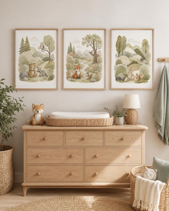 Woodland Animal Nursery Wall Art Set of 3, Neutral Forest Animal Prints, Sage Green Baby Room Decor, Bear Fox Bunny Nursery Prints