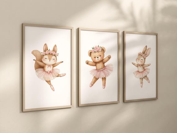 Ballerina animals, baby room decor girl, Elephant nursery, bunny nursery, bear nursery, nursery prints girl, ballet prints, ballet animals