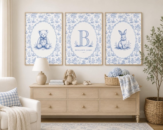 Blue Toile Nursery Wall Art | Personalized Monogram Print | Vintage Bunny Teddy Bear Decor | French Country Baby Boy Nursery | Cottagecore