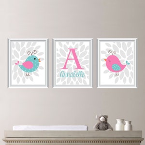 Baby Girl Nursery Art Print - Bird Nursery Art - Bird Bedroom Art - Bird Nursery Decor - Shabby Chic Nursery Art - Monogram (NS-670)