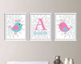 Baby Girl Nursery Art Print - Bird Nursery Art - Bird Bedroom Art - Bird Nursery Decor - Shabby Chic Nursery Art - Monogram (NS-670)