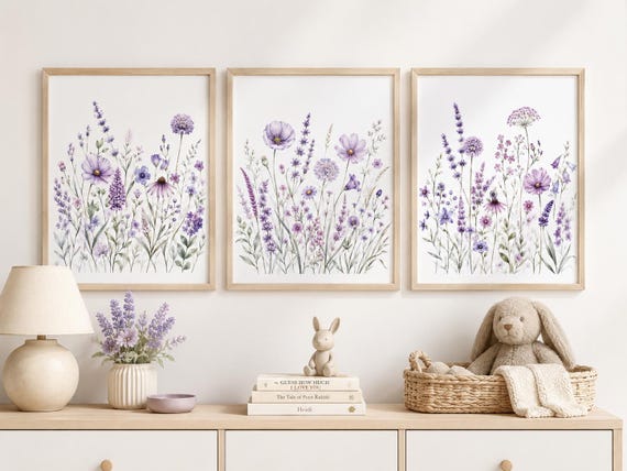 Lavender Wildflower Nursery Wall Art Set of 3, Purple Floral Prints, Watercolor Meadow Nursery Decor, Baby Girl Room Wall Art