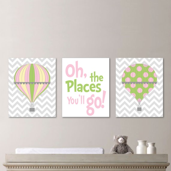 Hot Air Balloon Nursery - Hot Air Balloon Decor - Hot Air Balloon Print - Baby Girl Nursery Art Print, Girl Bedroom Art, Pink Green - NS-537