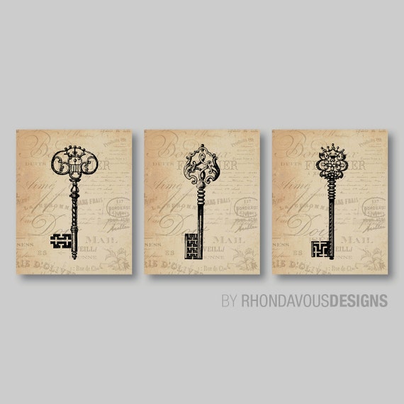 Vintage Grunge Skeleton Key Print Trio -  Home Bathroom Decor Nursery Bedroom Living Dining Wall Art - You Pick the Size & Colors (NS-347)