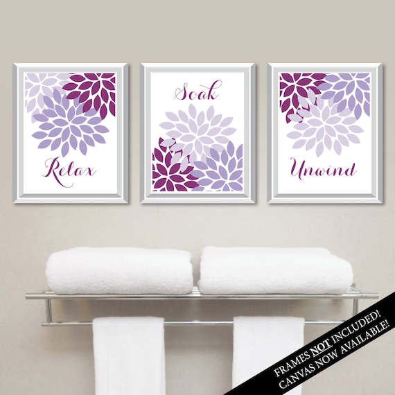 Flower Bathroom Wall Decor. Bathroom Wall Art. Relax Soak Unwind Prints. Botanical Bathroom Prints. Botanical Wall Art. Purple Bathroom Art.