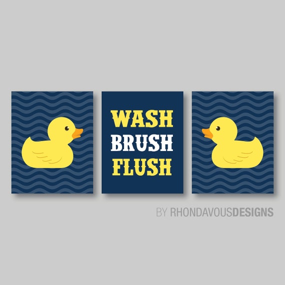 Boy Bathroom Art - Boy Bathroom Decor - Duck Bathroom Art - Child Bathroom - Rubber Duck Bath Decor - Wash Brush Flush - Navy Yellow NS-589