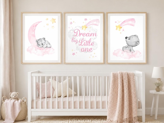 Pink Teddy Bear Nursery Wall Art Set of 3, Moon and Stars Prints