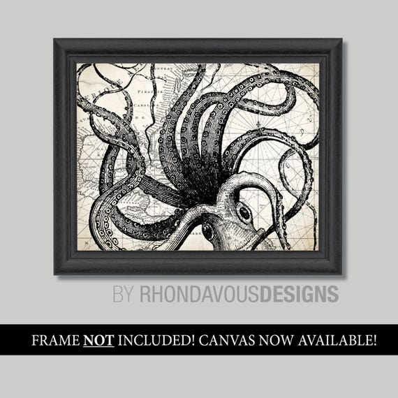 Octopus Art - Octopus Print - Nautical Decor - Nautical Nursery - Kraken Art - Kraken Print - Nautical bathroom - Kraken Decor (S-485)