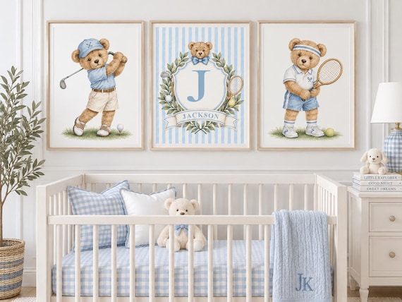 Personalized Teddy Bear Nursery Prints, Golf & Tennis Set of 3