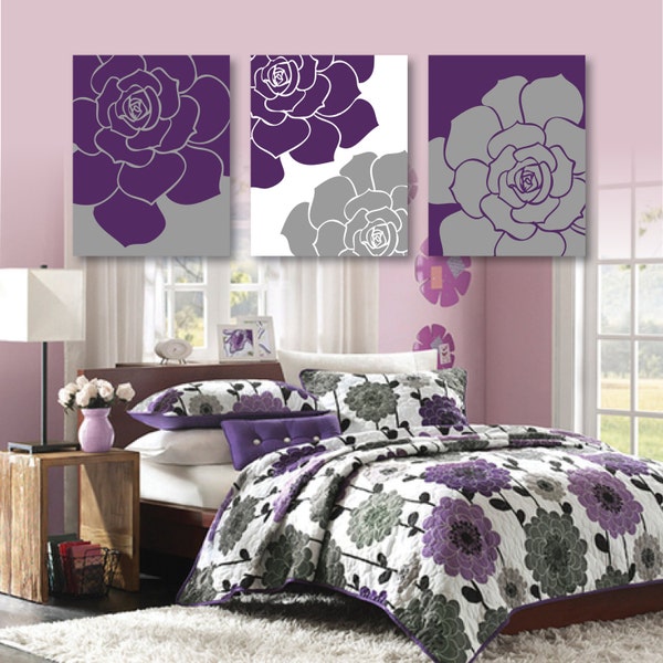 Flower Bedroom Art. Flower Wall Art. Flower Wall Decor. Floral Bathroom Art. Purple and Gray Nursery. Purple and Gray Wall Art. (NS-421)