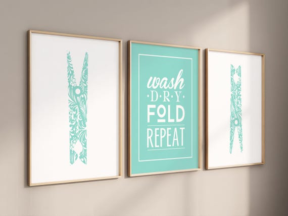 Laundry Room Wall Art Set | Wash Dry Fold Repeat Prints | Teal Laundry Decor | Clothespin Wall Art