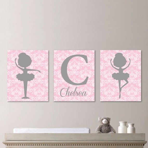 Baby Girl Nursery Art - Ballerina Nursery Decor - Damask -Ballerina Nursery Print -Ballerina Nursery Art - Pink Gray - You Pick the Size 543