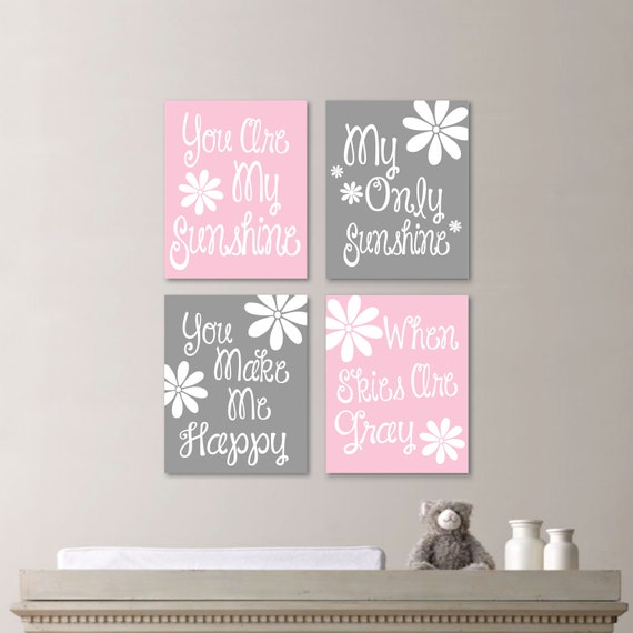 Baby Girl Nursery Art Print - You Are My Sunshine Nursery - You Are My Sunshine Wall Art - Girl Bedroom - Flower Art - Pink Gray -NS-667