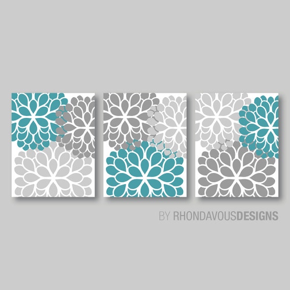 Gray Turquoise Dahlia Flower Print Trio - Home Petals Bloom Wall Art Bedroom Nursery Bathroom Decor. Flower Bathroom Art. Flower Art. NS257