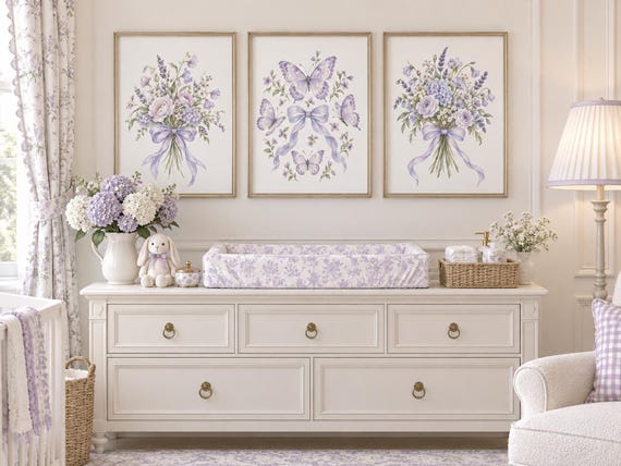 Lavender Nursery Wall Art Set of 3, Floral Butterfly Prints, Grandmillennial Nursery Decor
