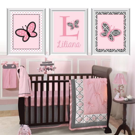 Baby Girl Nursery Art Prints - Butterfly Nursery Art - Butterfly Nursery Decor - Lambs & Ivy Duchess Art - Butterfly Bath - Damask (NS-697)