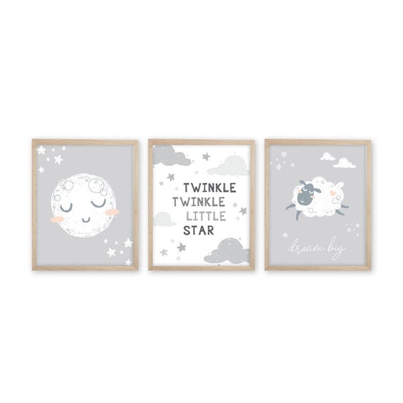 Set of 3 Sheep Nursery Decor, Moon and Stars Nursery Prints, Grey Nursery Art, Gray Nursery Art, Lamb Nursery Prints, Gender Neutral Nursery