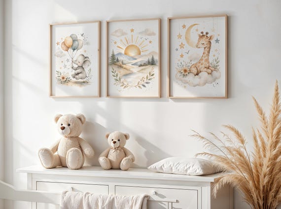 Watercolor Nursery Art Prints, Elephant, Giraffe, Sun, Boho Baby Room Decor