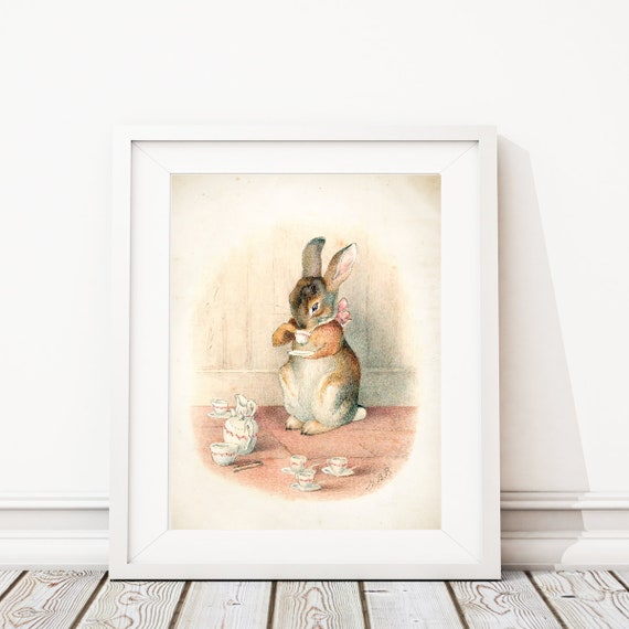 Beatrix Potter Nursery Art Print. Beatrix Potter Print. Bunny Drinking Tea. Peter Rabbit Nursery Art. Peter Rabbit Girl. Peter Rabbit Print.