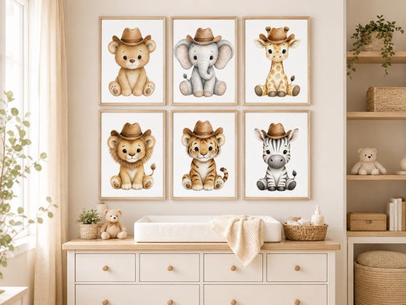 Western Nursery Wall Art Set of 6, Cowboy Safari Animal Prints, Bear Elephant Giraffe Lion Tiger Zebra Nursery Decor