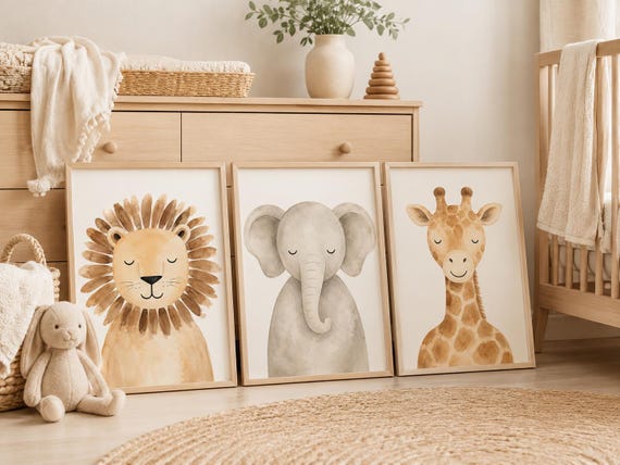 Boho Safari Nursery Art Set, Neutral Animal Prints for Baby Room Decor