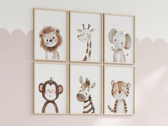 Safari Animal Nursery Prints | Jungle Animal Wall Art for Baby Room | Lion, Giraffe, Elephant, Monkey, Zebra, Tiger | Neutral Nursery Decor