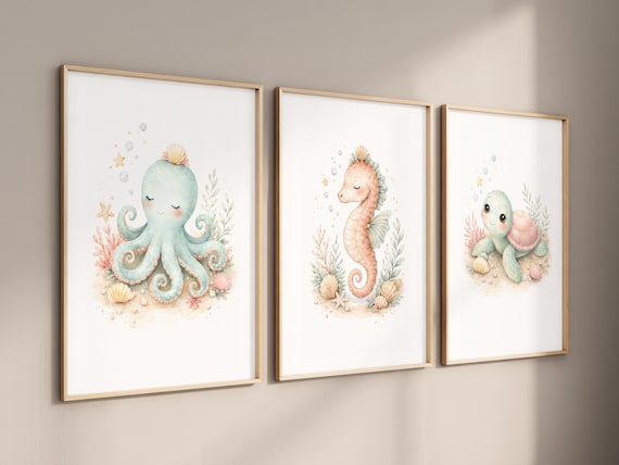 Ocean Nursery Prints, Seahorse Octopus Turtle Wall Art, Coastal Bathroom Decor, Watercolor Sea Animals, Set of 3, Sea Life Bathroom Art
