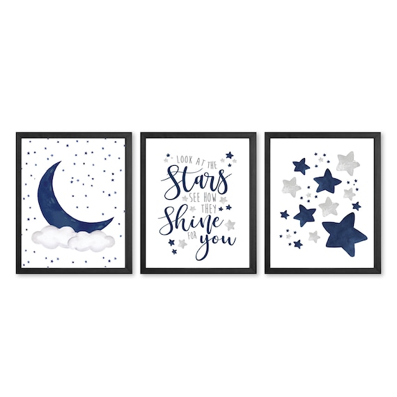 Stars and Moon Nursery Decor Set of 3 Boy Nursery Decor Stars