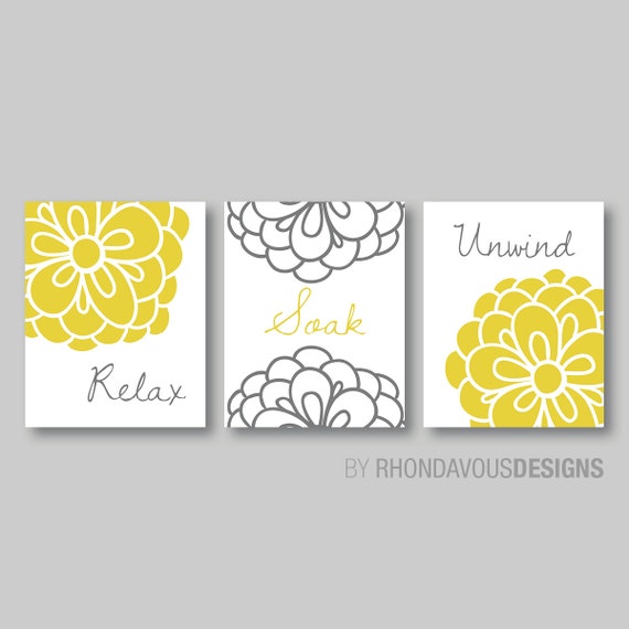 Bathroom Art. Bathroom Decor. Floral Relax Soak Unwind Art. Flower Bathroom Art. Flower Bath. Yellow and Gray. Photo Paper or Canvas. NS-308