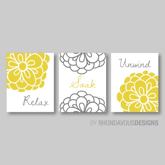 Bathroom Art. Bathroom Decor. Floral Relax Soak Unwind Art. Flower Bathroom Art. Flower Bath. Yellow and Gray. Photo Paper or Canvas. NS-308