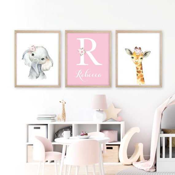 Watercolor Safari Floral Animal Nursery Prints. Girls Nursery Decor, Girls Safari Nursery Decor, Girls Bedroom Prints, Flower Nursery Prints