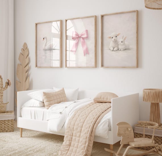 Nursery Wall Art Set of 3, Swan, Bow, Lamb Bunny Prints, Blush Pink Decor