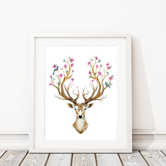 Woodland Nursery Decor Girl Wall Art Deer Antler Wall Decor, Deer Prints, Animal Prints, Boho Prints for Nursery. Cherry Tree. Birds. S480