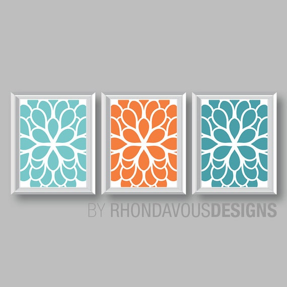 Flower Wall Art. Teal Blue Orange Turquoise Dahlia Flower Print Trio. Bathroom Art. Bedroom Art. Bath Art. Home Wall Art Bedroom NS-689