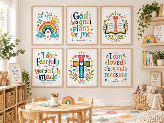 Christian Kids Wall Art Set of 6, Colorful Bible Verse Nursery Prints, Kids Playroom Decor